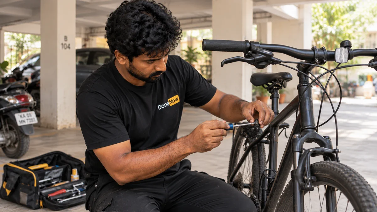 DoneNow technician adjusting a bicycle brake during a doorstep repair visit