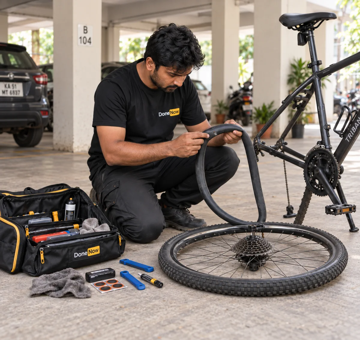 DoneNow technician inspecting a bicycle tube during a doorstep puncture repair