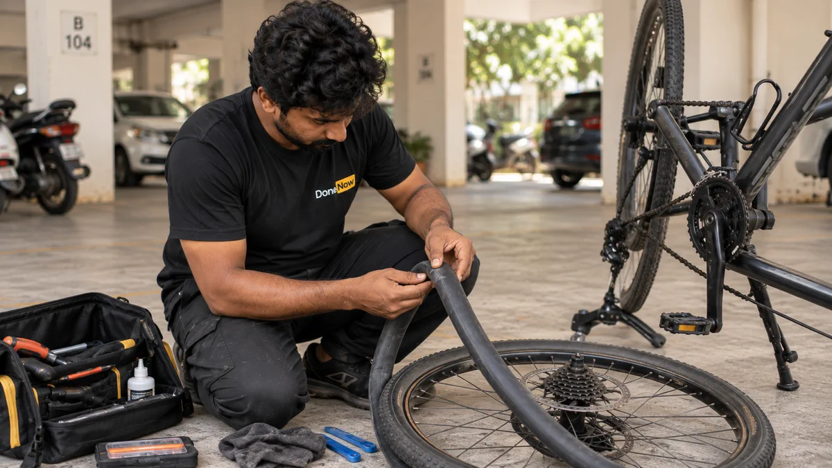 DoneNow technician checking a bicycle tube during a doorstep tyre and tube replacement visit