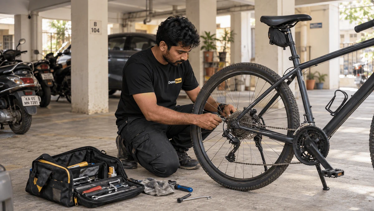 DoneNow technician repairing a bicycle at a Bengaluru apartment